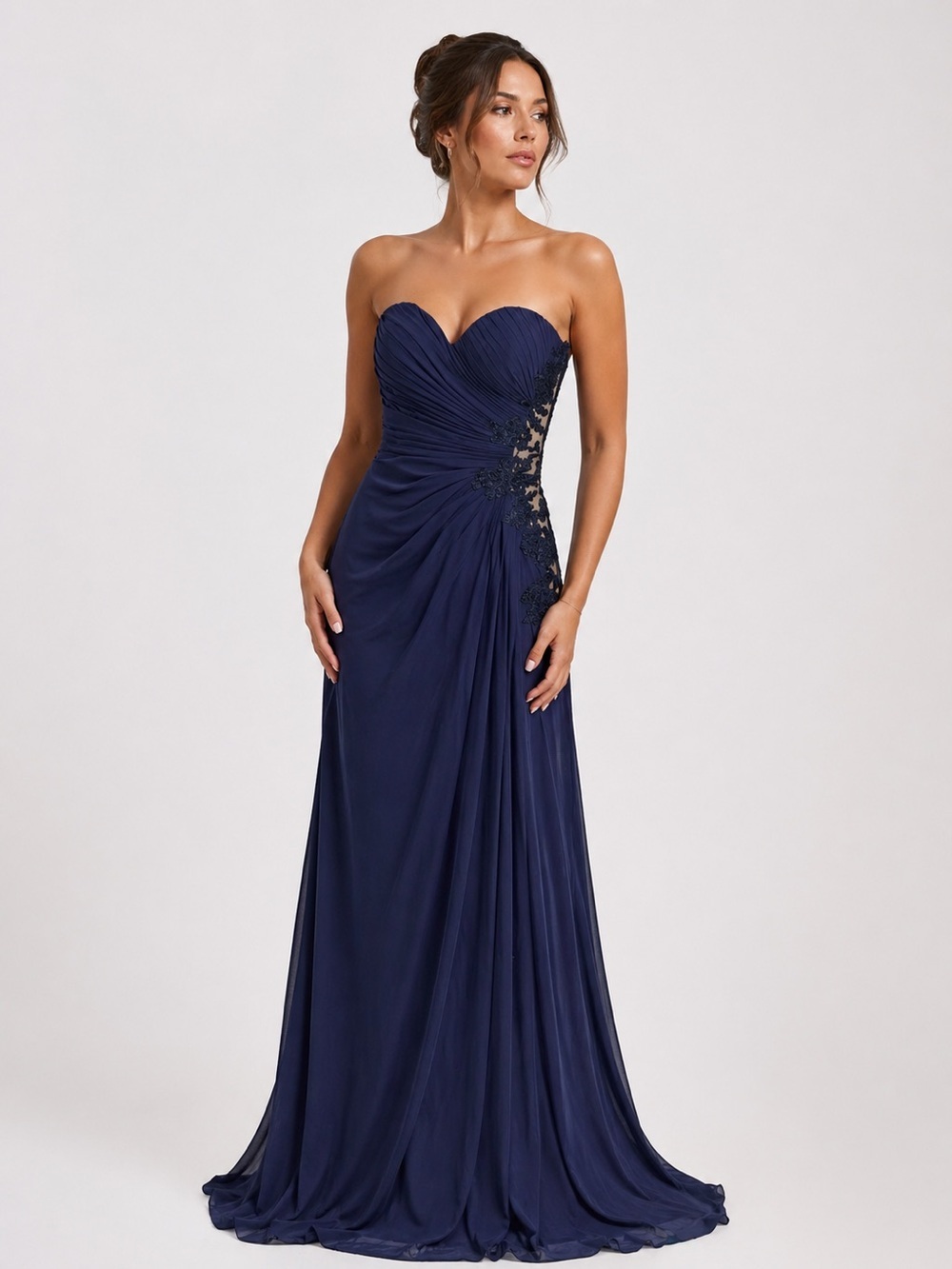 FORMAL SHERRI HILL navy blue high slit lace side sweet heart neckline gown sz 2